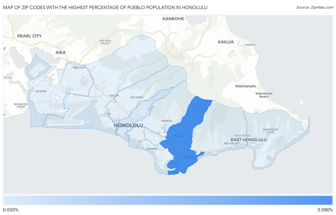 Zip Codes with the Highest Percentage of Pueblo Population in Honolulu Map