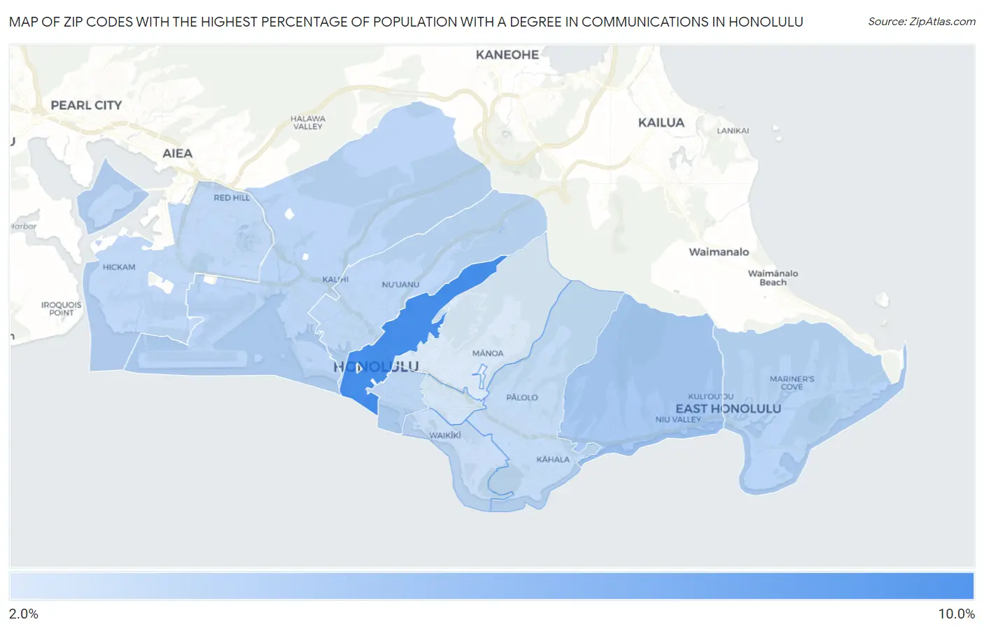 Zip Codes with the Highest Percentage of Population with a Degree in Communications in Honolulu Map