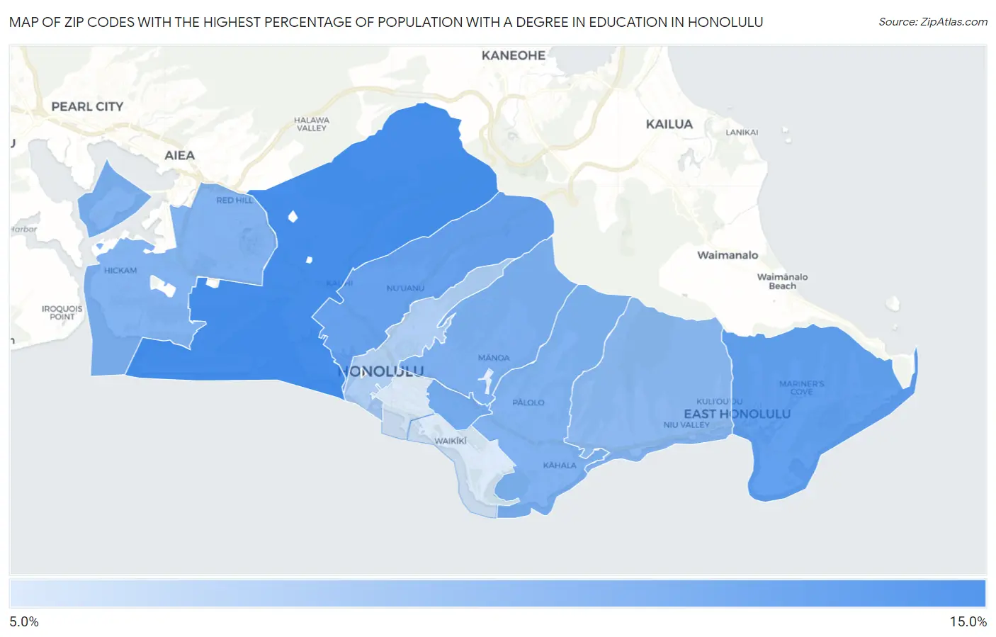 Zip Codes with the Highest Percentage of Population with a Degree in Education in Honolulu Map