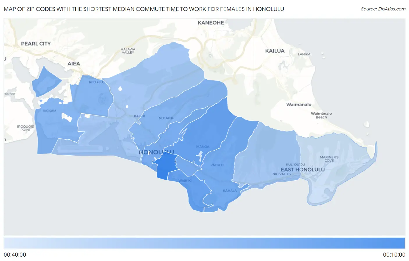 Zip Codes with the Shortest Median Commute Time to Work for Females in Honolulu Map