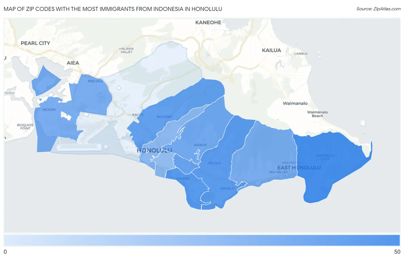 Zip Codes with the Most Immigrants from Indonesia in Honolulu Map