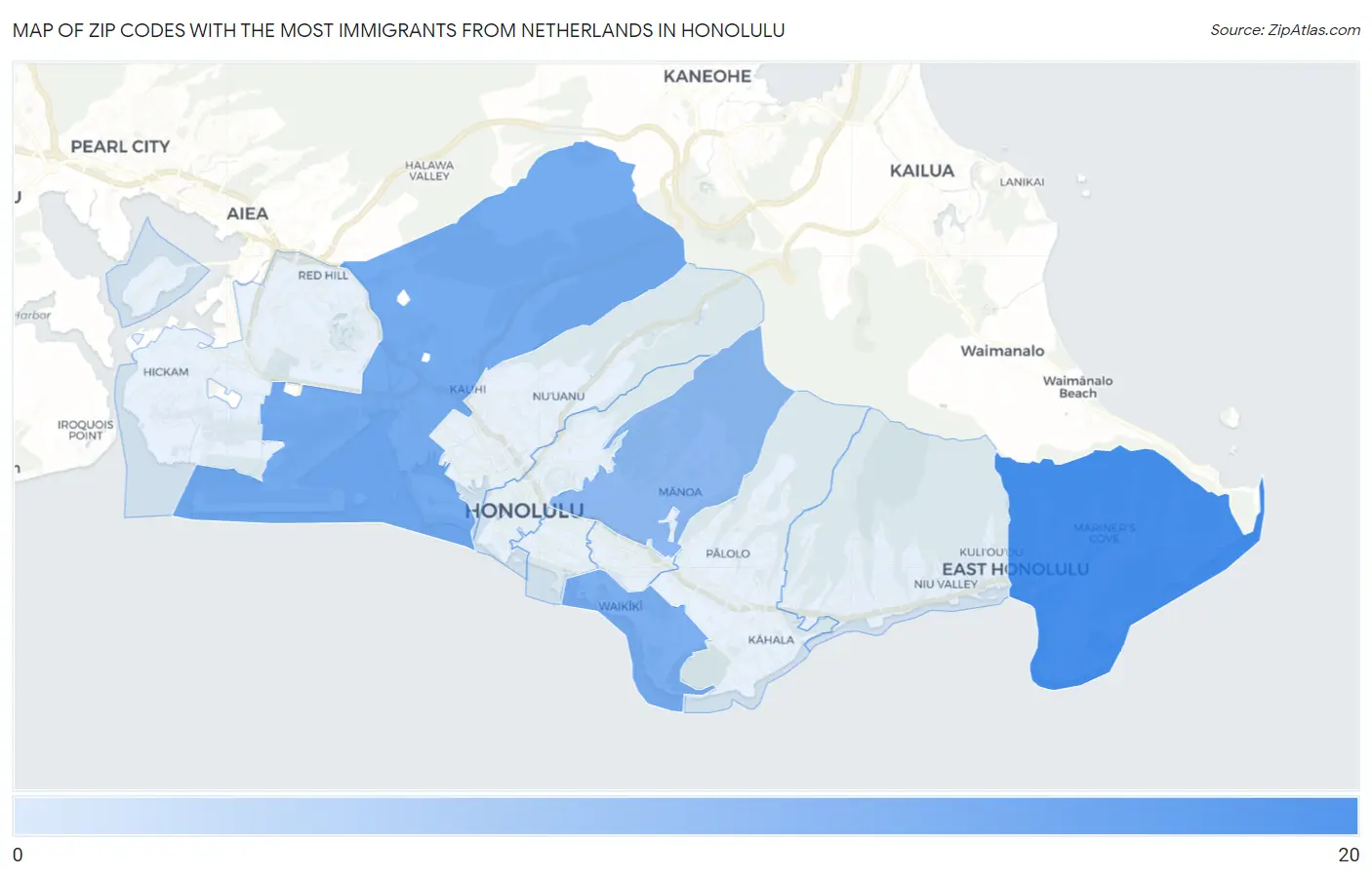 Zip Codes with the Most Immigrants from Netherlands in Honolulu Map