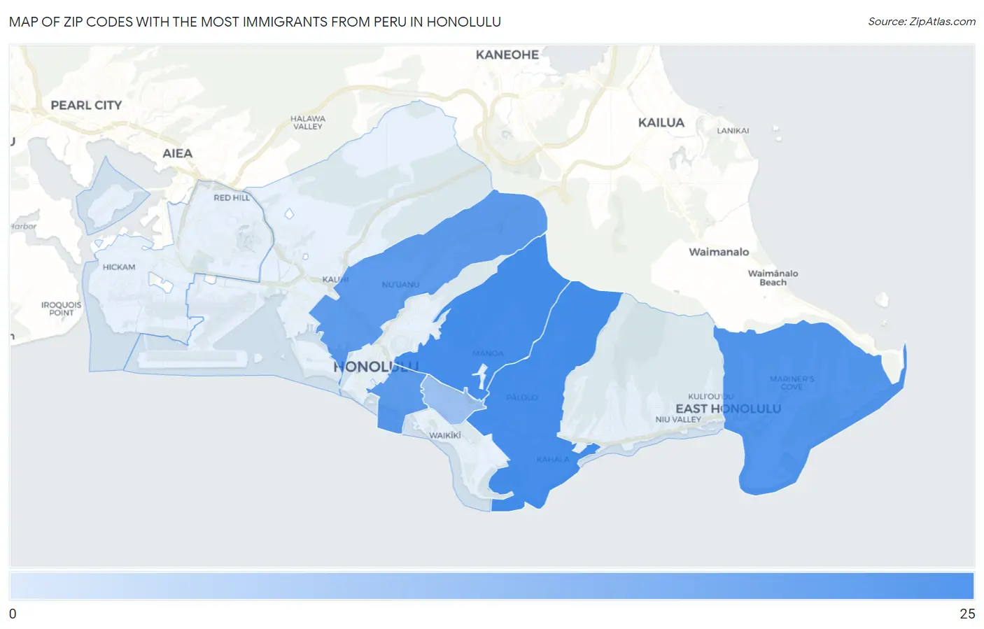 Zip Codes with the Most Immigrants from Peru in Honolulu Map