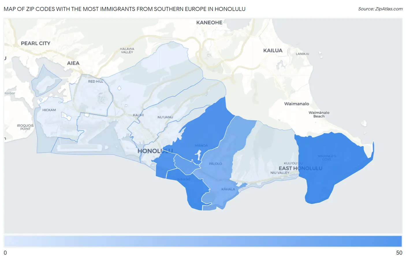 Zip Codes with the Most Immigrants from Southern Europe in Honolulu Map