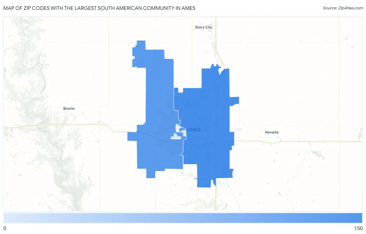 Zip Codes with the Largest South American Community in Ames Map