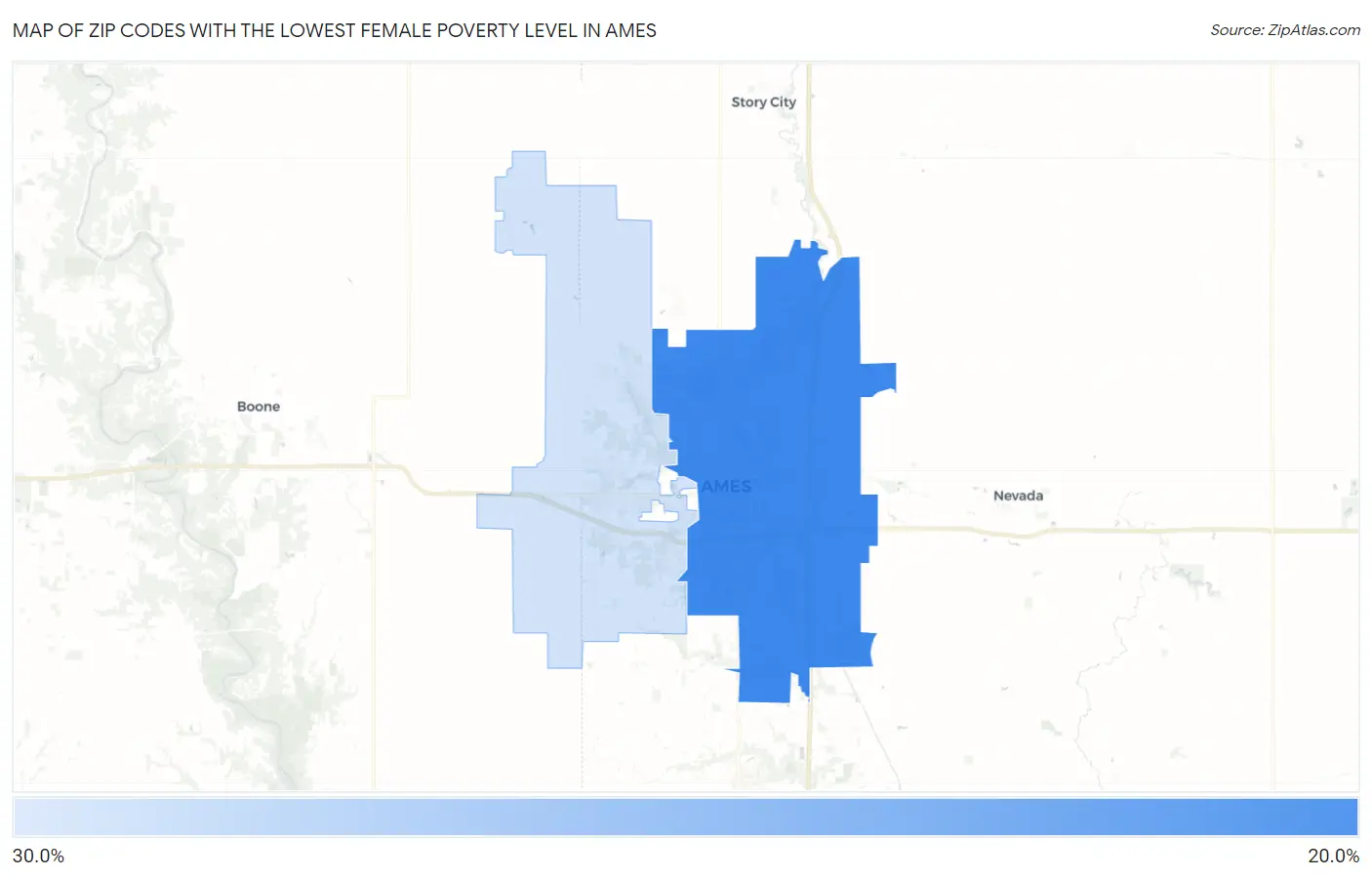 Zip Codes with the Lowest Female Poverty Level in Ames Map