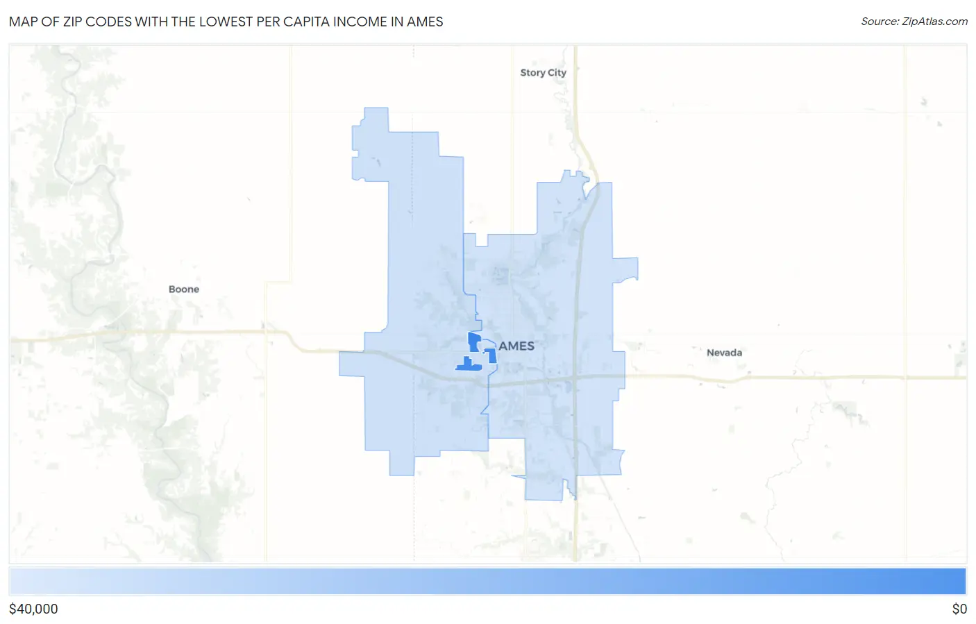 Zip Codes with the Lowest Per Capita Income in Ames Map