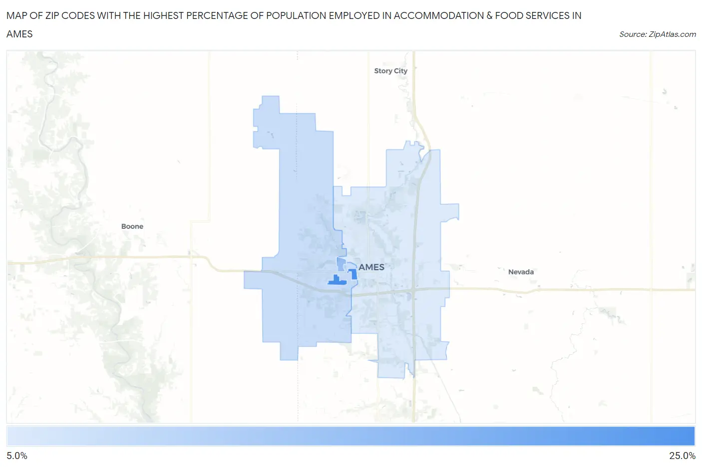 Zip Codes with the Highest Percentage of Population Employed in Accommodation & Food Services in Ames Map