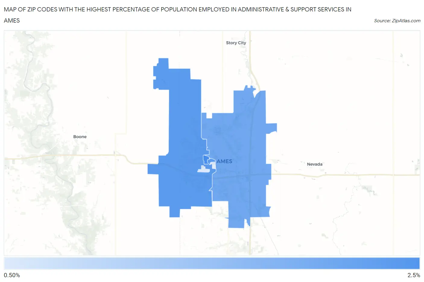 Zip Codes with the Highest Percentage of Population Employed in Administrative & Support Services in Ames Map