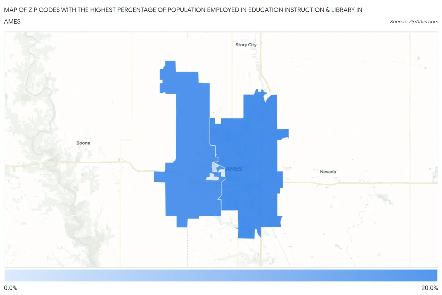 Zip Codes with the Highest Percentage of Population Employed in Education Instruction & Library in Ames Map