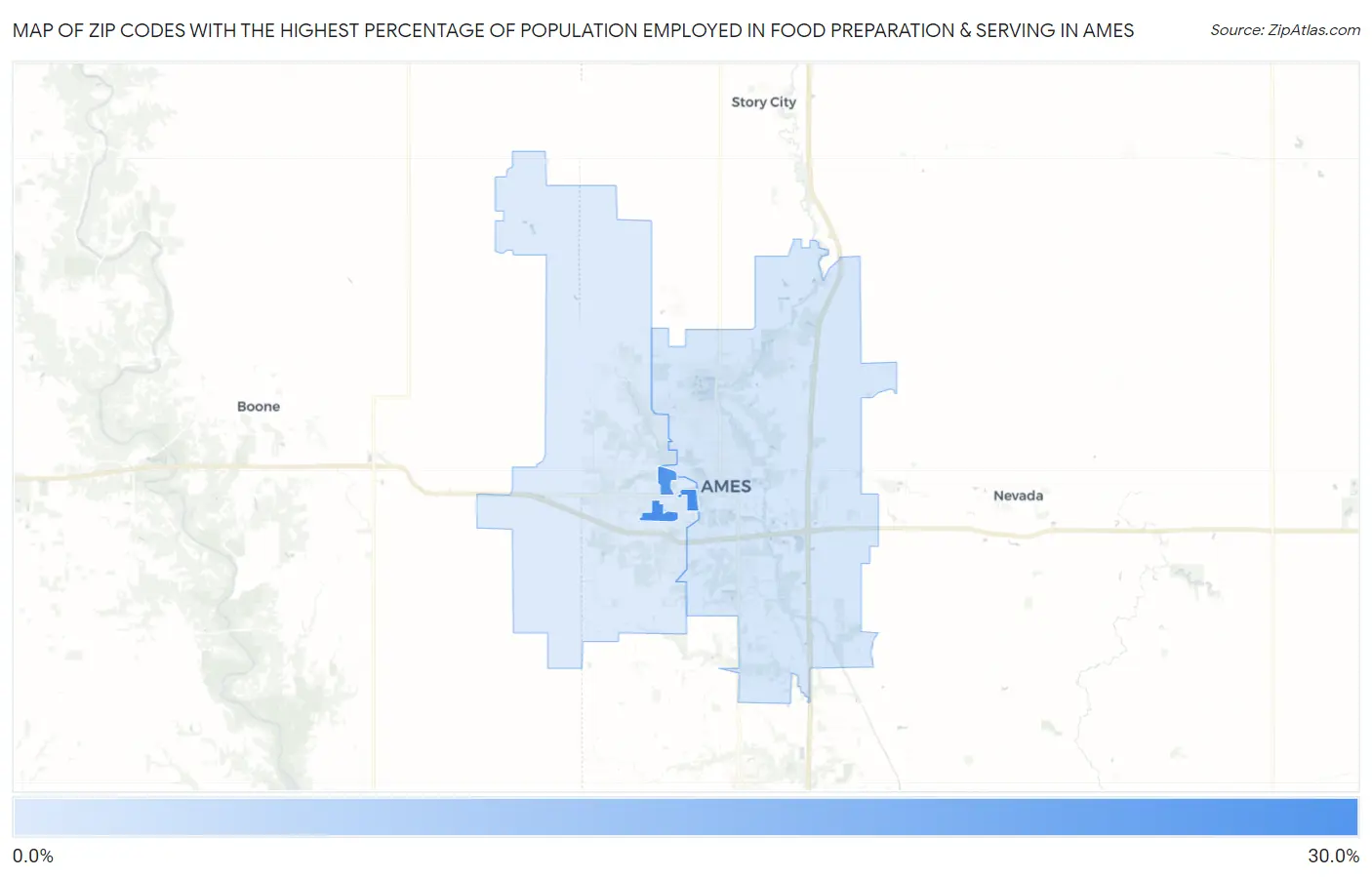 Zip Codes with the Highest Percentage of Population Employed in Food Preparation & Serving in Ames Map