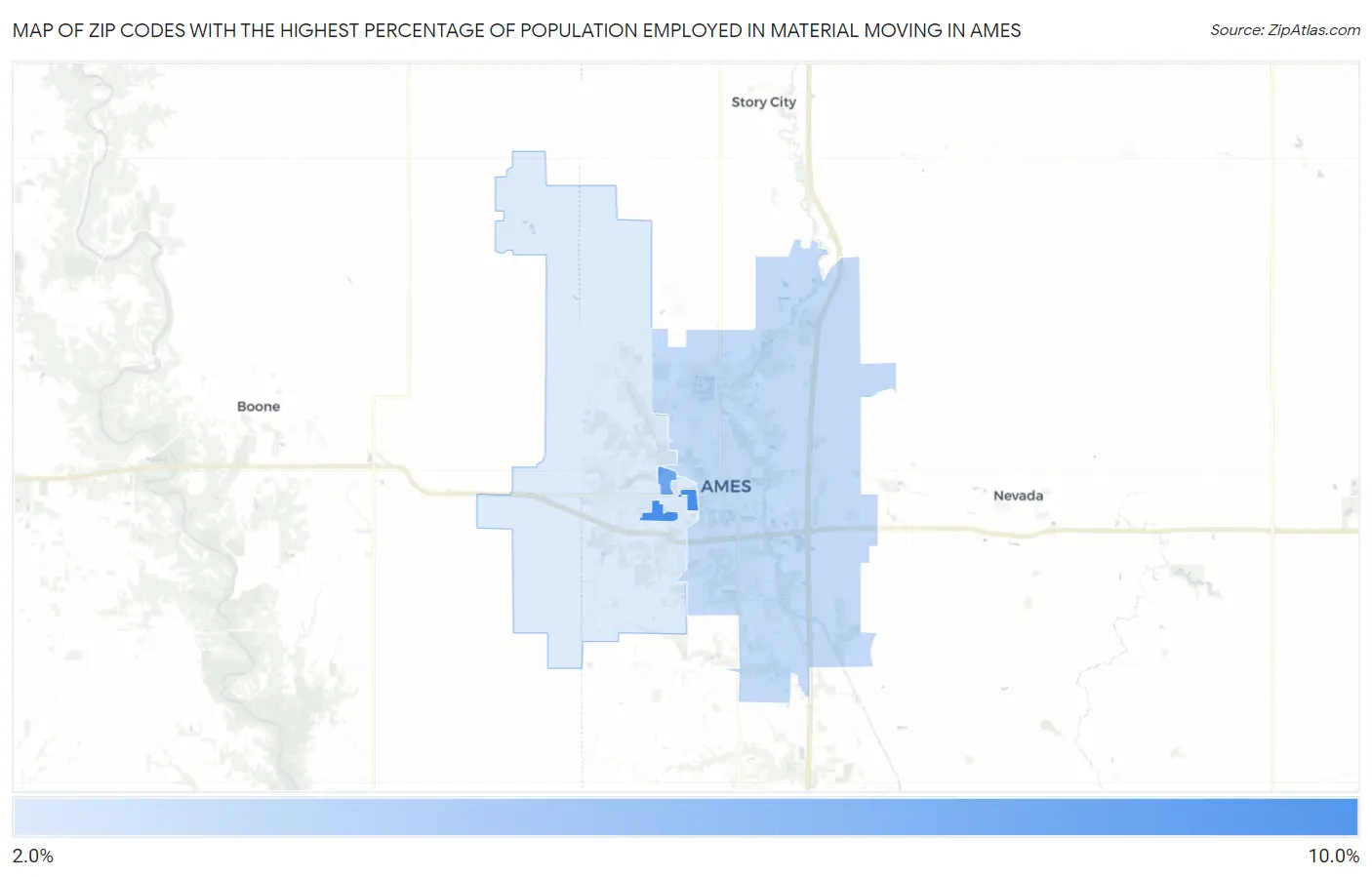 Zip Codes with the Highest Percentage of Population Employed in Material Moving in Ames Map