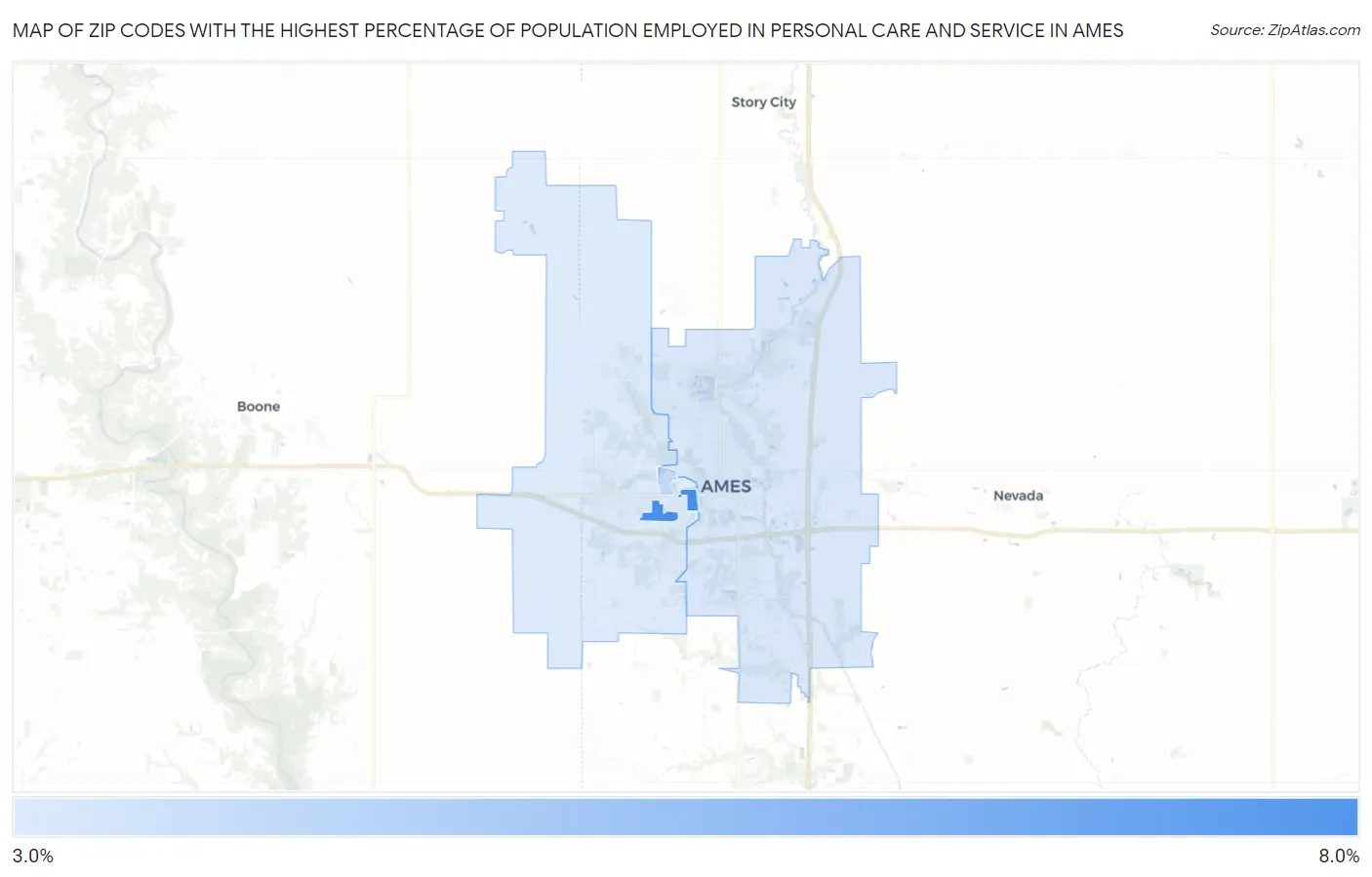 Zip Codes with the Highest Percentage of Population Employed in Personal Care and Service in Ames Map