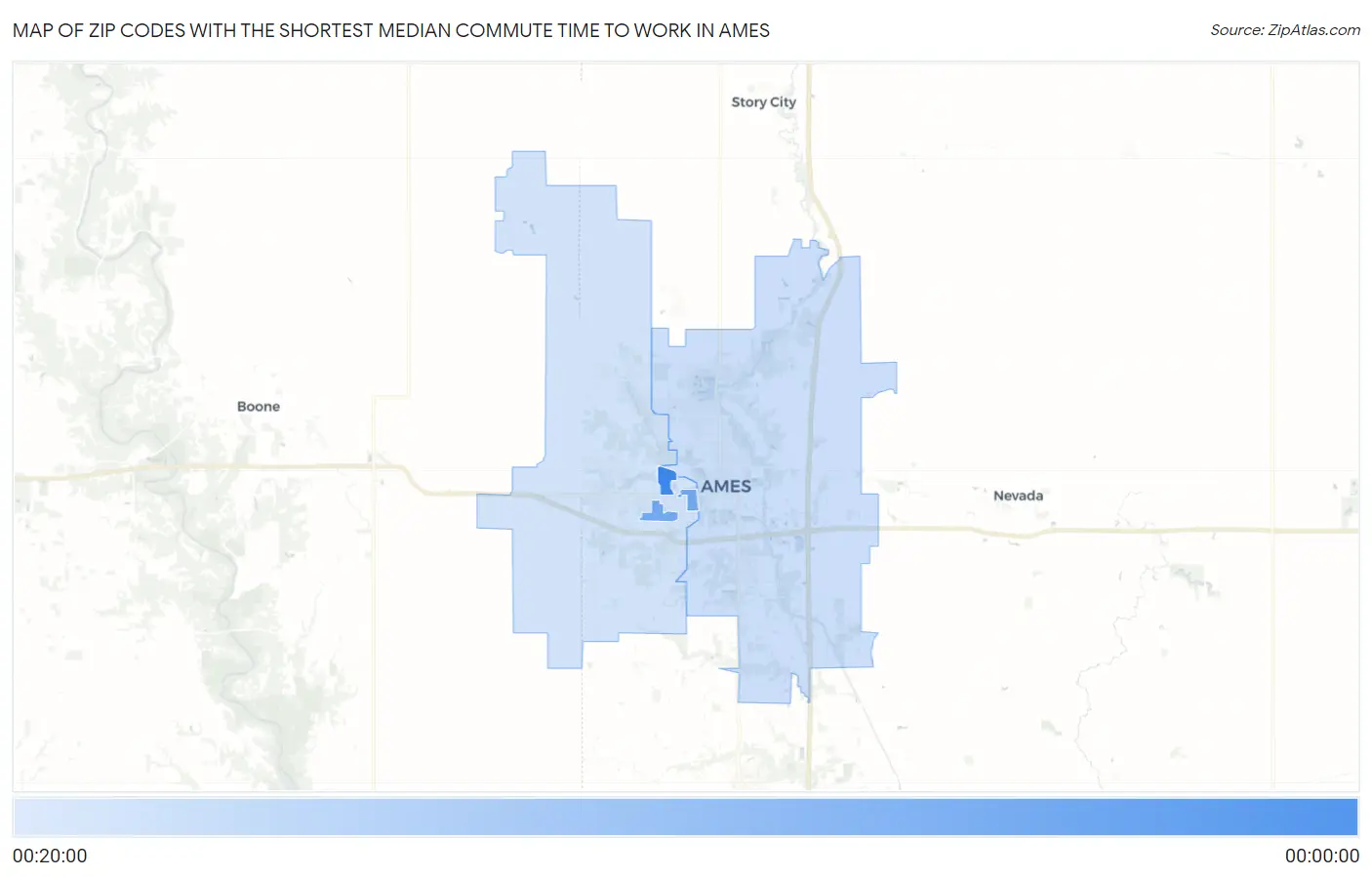 Zip Codes with the Shortest Median Commute Time to Work in Ames Map