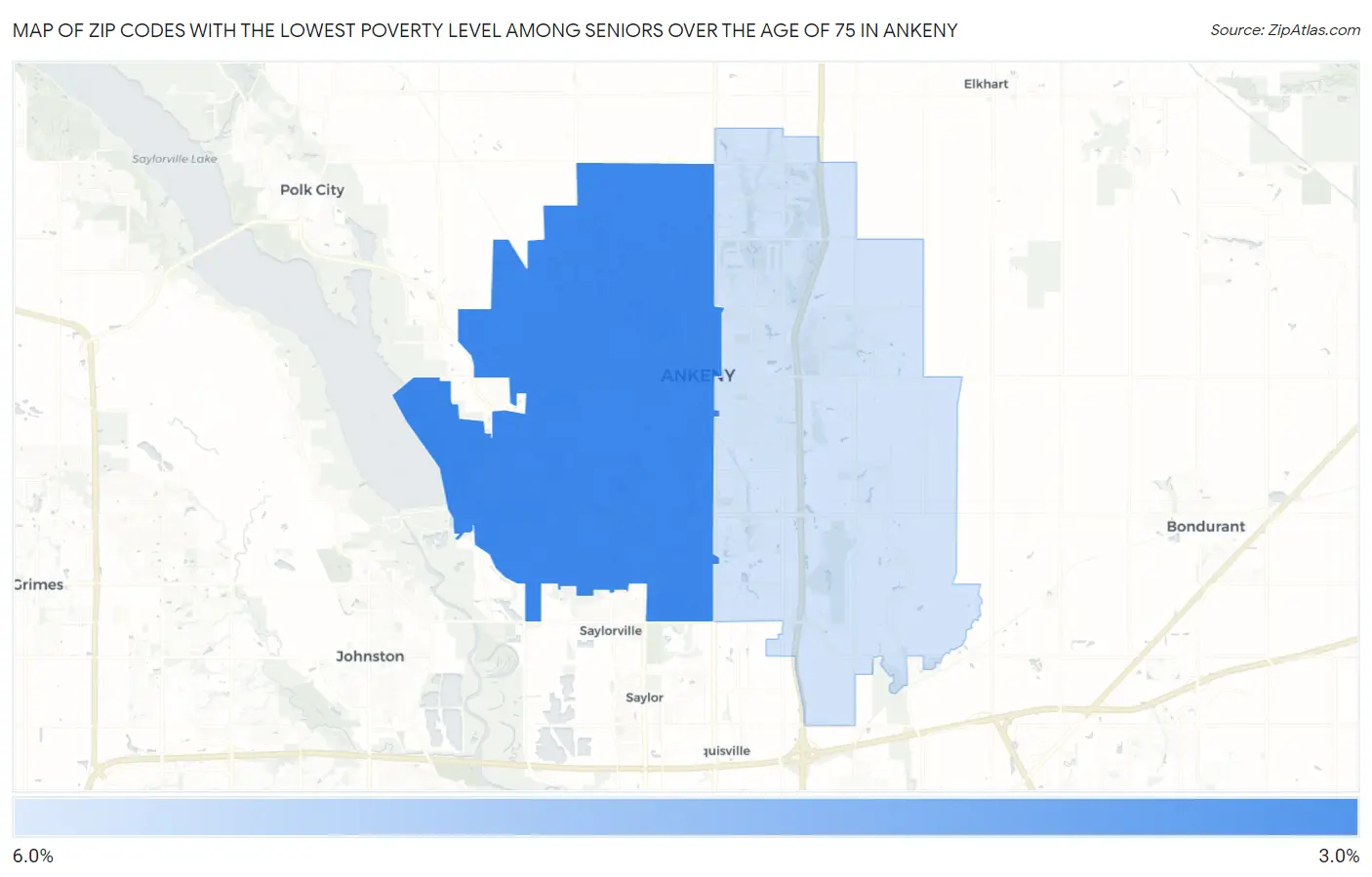 Zip Codes with the Lowest Poverty Level Among Seniors Over the Age of 75 in Ankeny Map