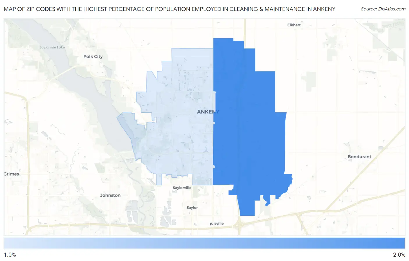 Zip Codes with the Highest Percentage of Population Employed in Cleaning & Maintenance in Ankeny Map