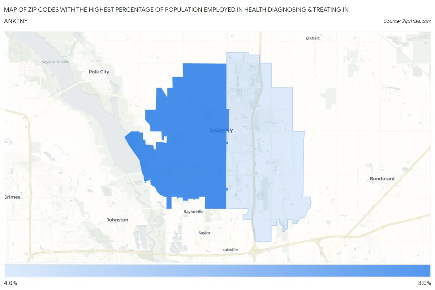 Zip Codes with the Highest Percentage of Population Employed in Health Diagnosing & Treating in Ankeny Map