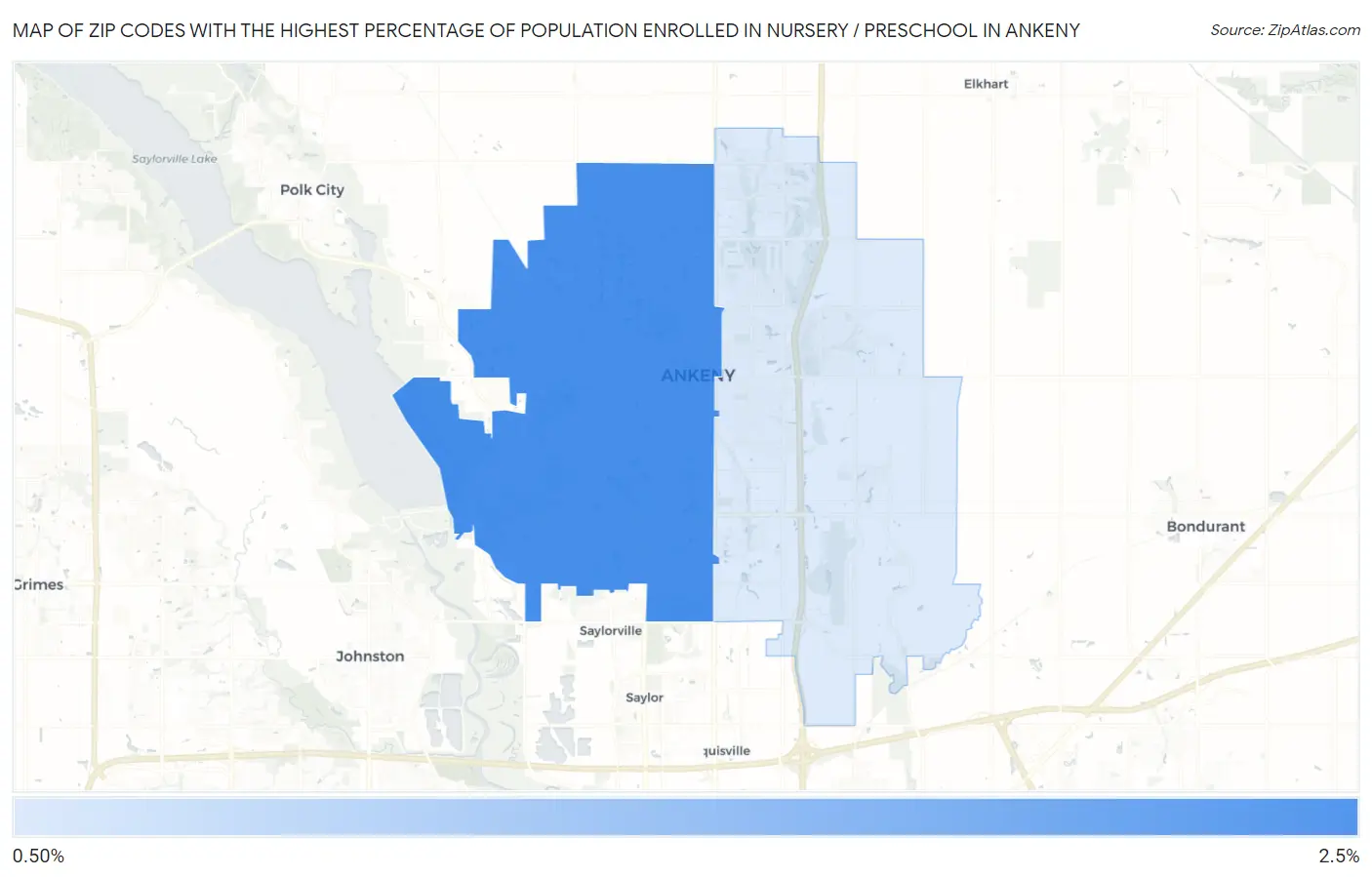 Zip Codes with the Highest Percentage of Population Enrolled in Nursery / Preschool in Ankeny Map