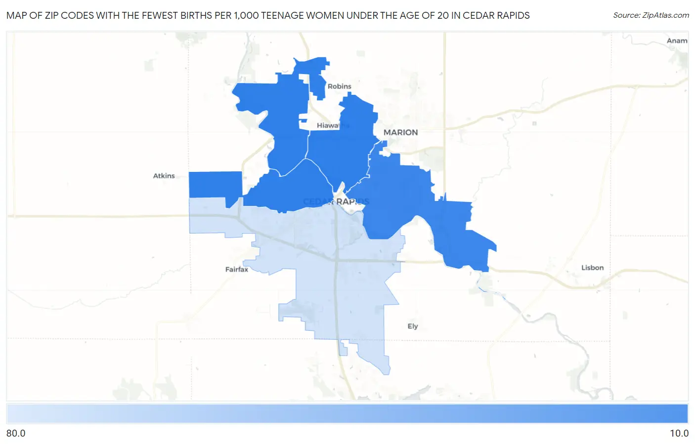 Zip Codes with the Fewest Births per 1,000 Teenage Women Under the Age of 20 in Cedar Rapids Map