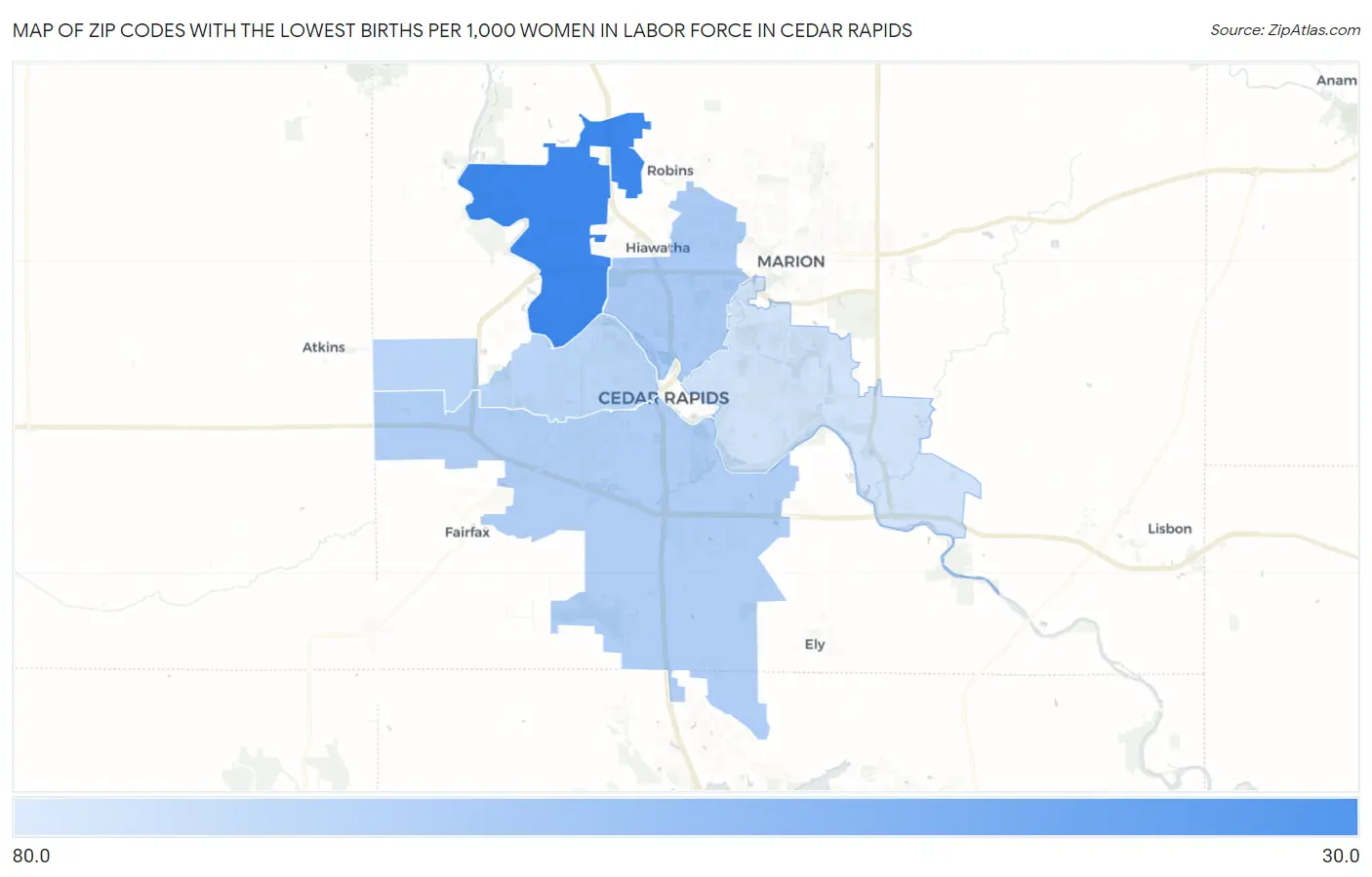 Zip Codes with the Lowest Births per 1,000 Women in Labor Force in Cedar Rapids Map