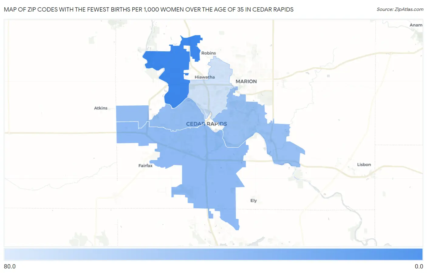 Zip Codes with the Fewest Births per 1,000 Women Over the Age of 35 in Cedar Rapids Map