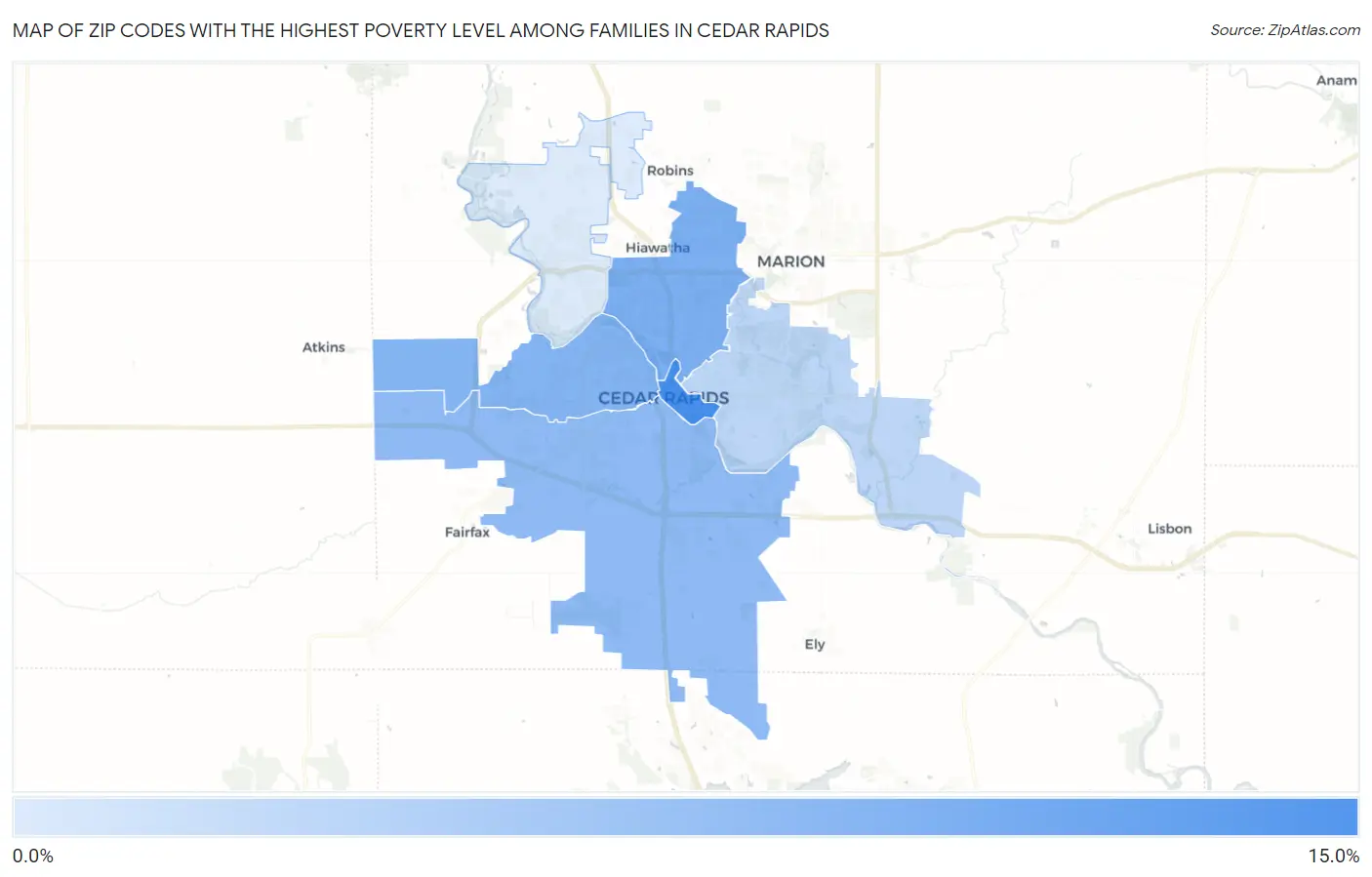 Zip Codes with the Highest Poverty Level Among Families in Cedar Rapids Map