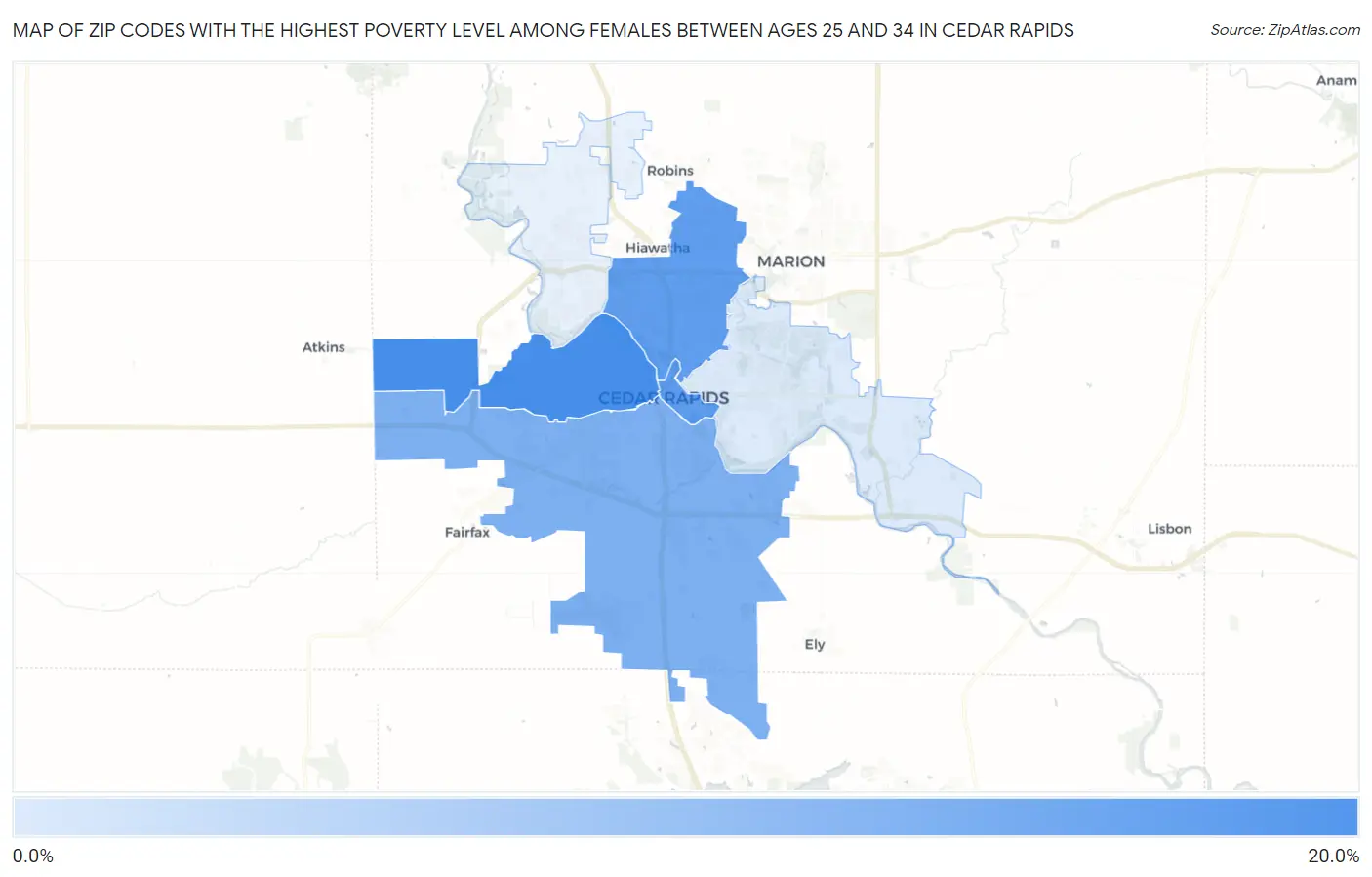 Zip Codes with the Highest Poverty Level Among Females Between Ages 25 and 34 in Cedar Rapids Map