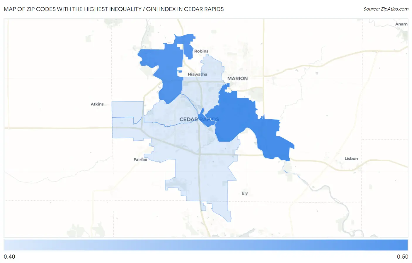 Zip Codes with the Highest Inequality / Gini Index in Cedar Rapids Map