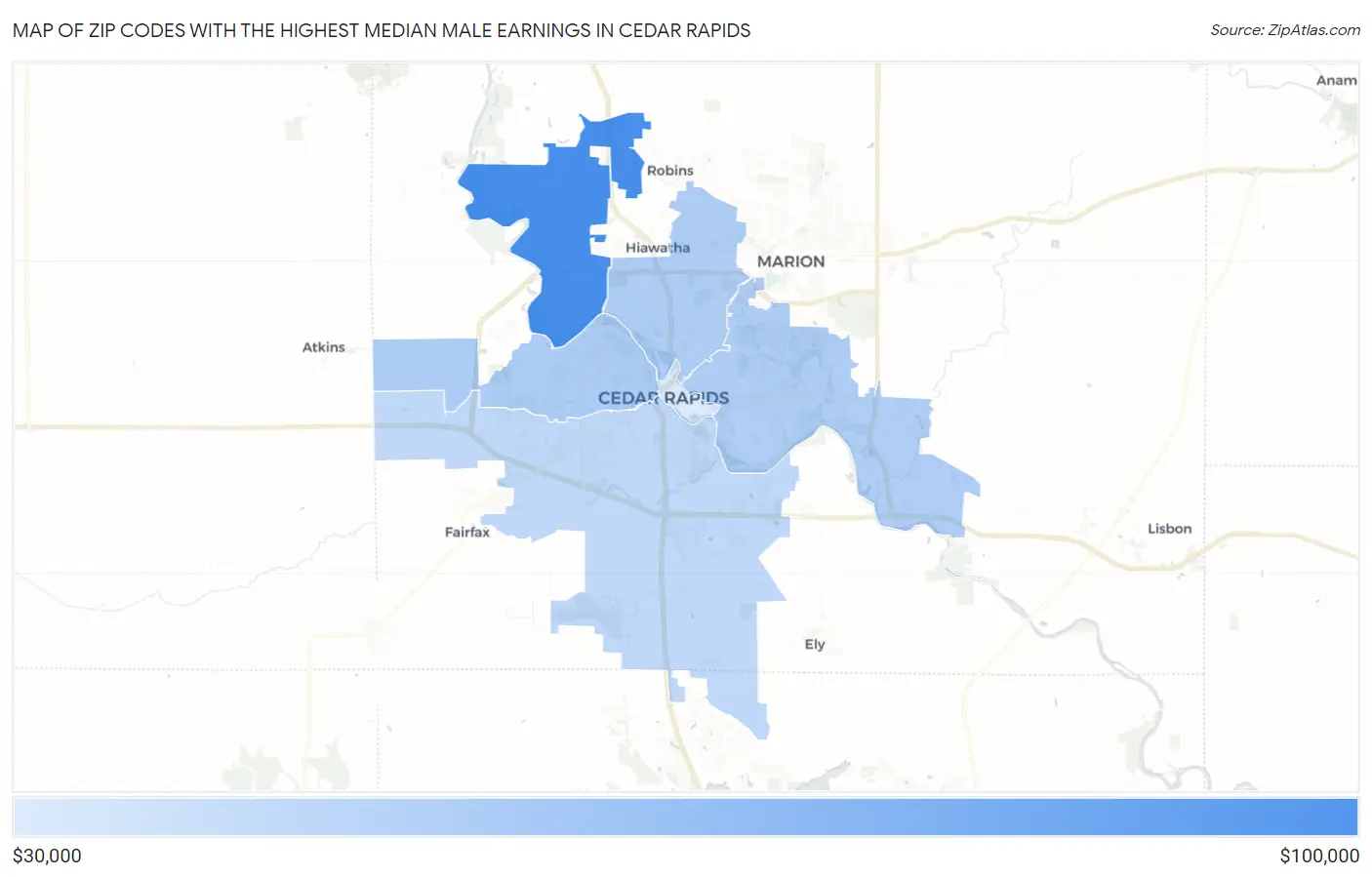 Zip Codes with the Highest Median Male Earnings in Cedar Rapids Map