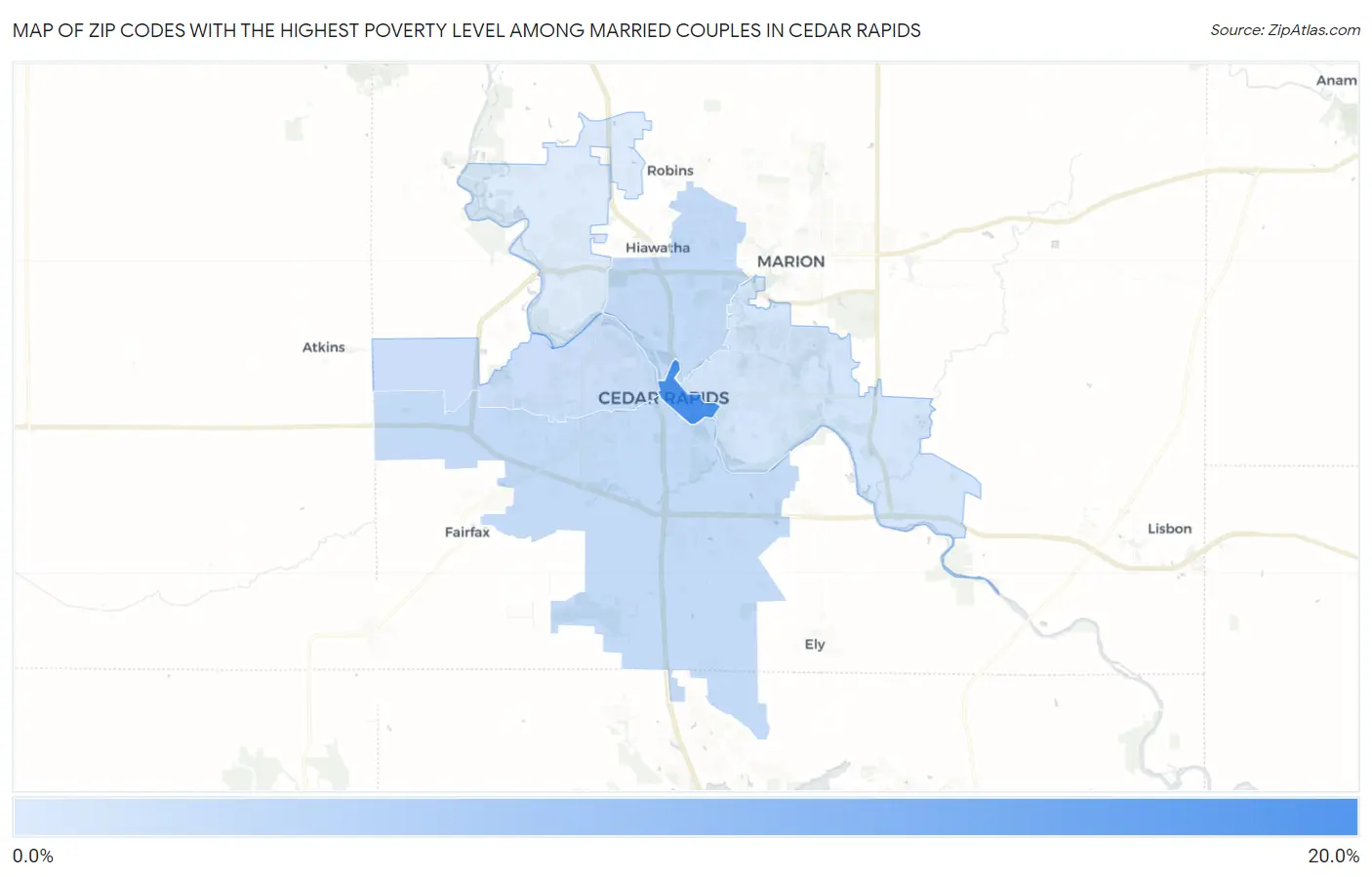 Zip Codes with the Highest Poverty Level Among Married Couples in Cedar Rapids Map