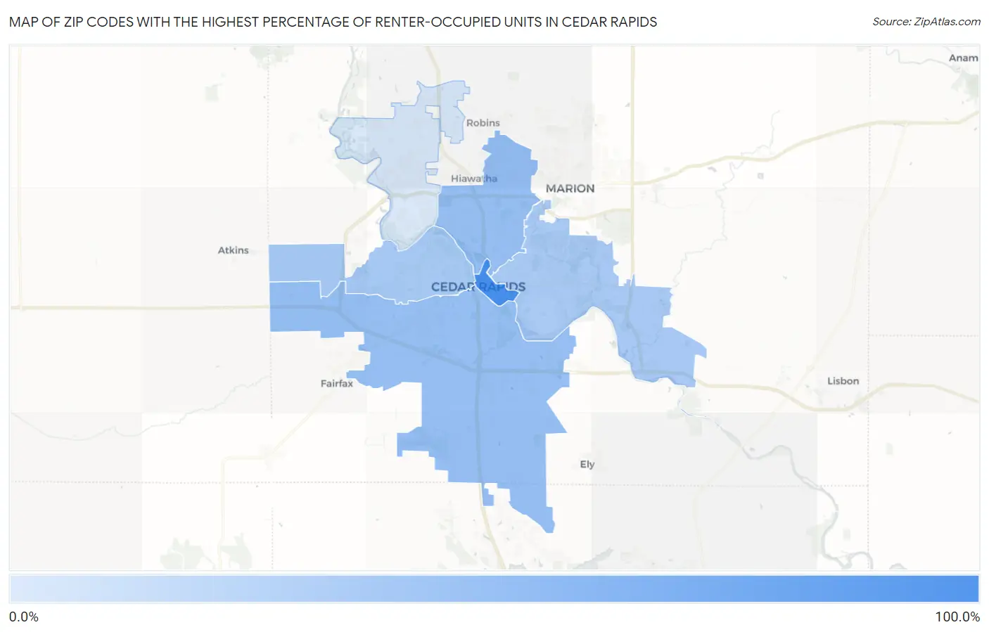 Zip Codes with the Highest Percentage of Renter-Occupied Units in Cedar Rapids Map