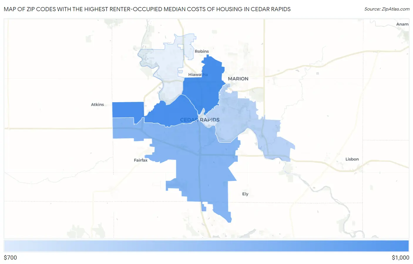 Zip Codes with the Highest Renter-Occupied Median Costs of Housing in Cedar Rapids Map