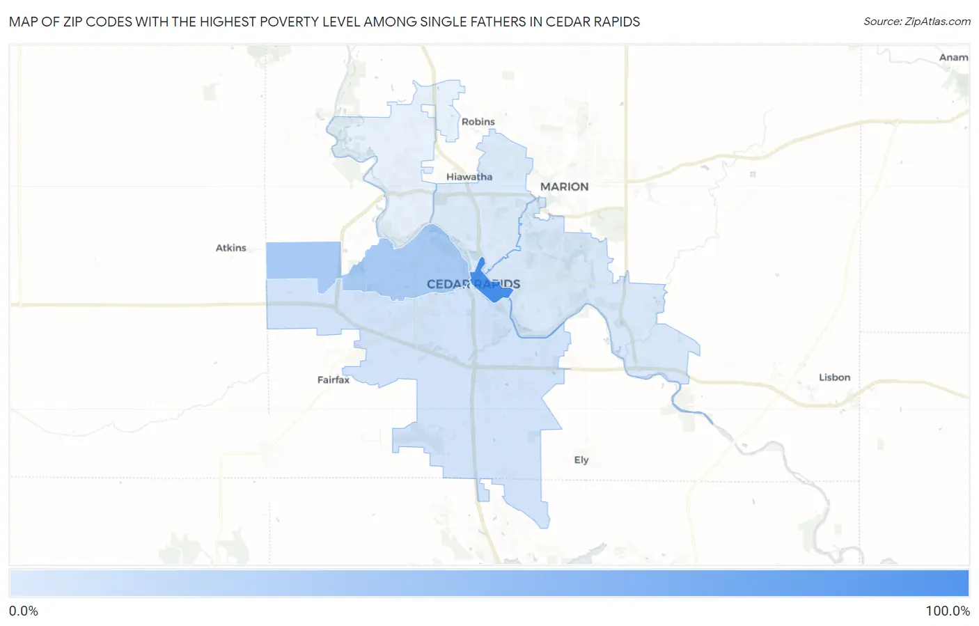 Zip Codes with the Highest Poverty Level Among Single Fathers in Cedar Rapids Map