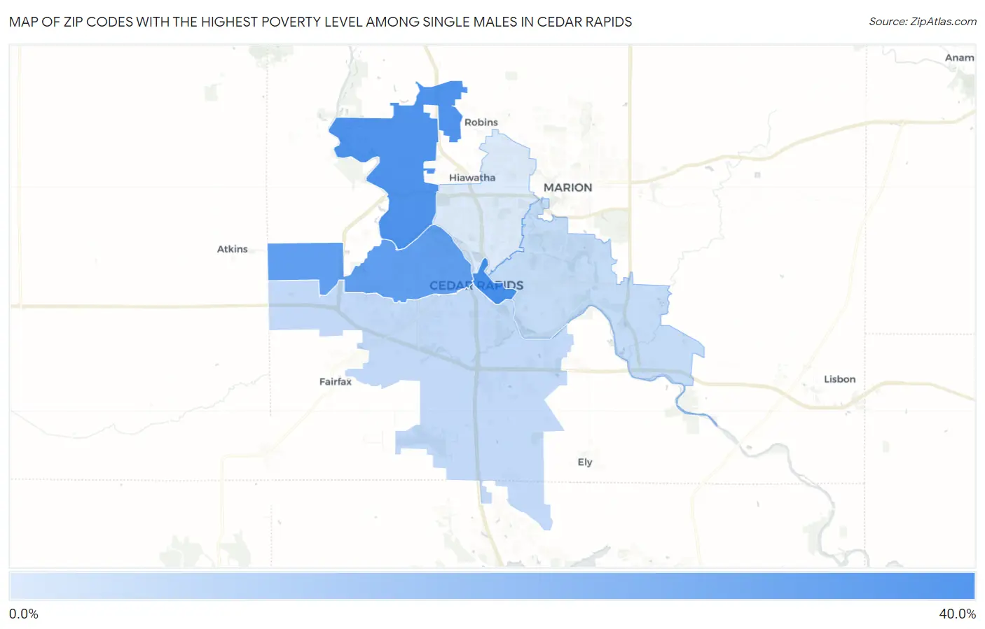 Zip Codes with the Highest Poverty Level Among Single Males in Cedar Rapids Map