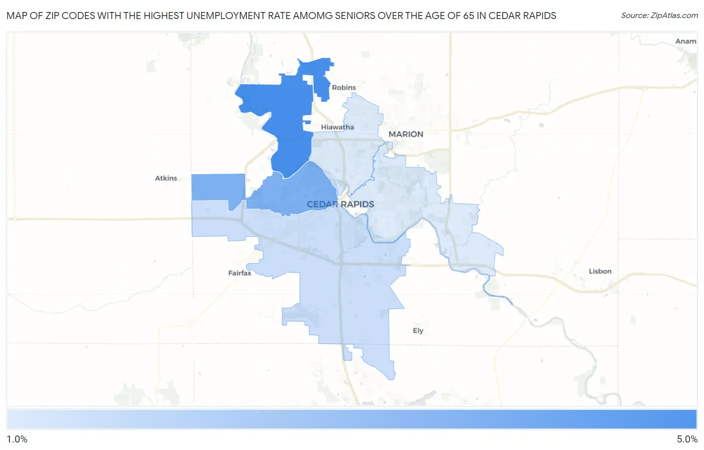 Zip Codes with the Highest Unemployment Rate Amomg Seniors Over the Age of 65 in Cedar Rapids Map