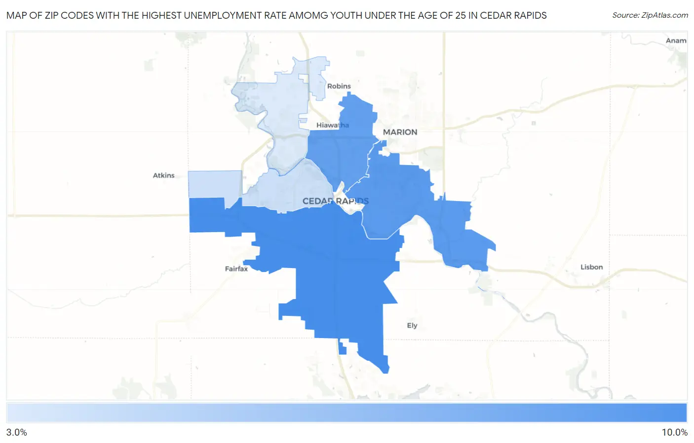 Zip Codes with the Highest Unemployment Rate Amomg Youth Under the Age of 25 in Cedar Rapids Map