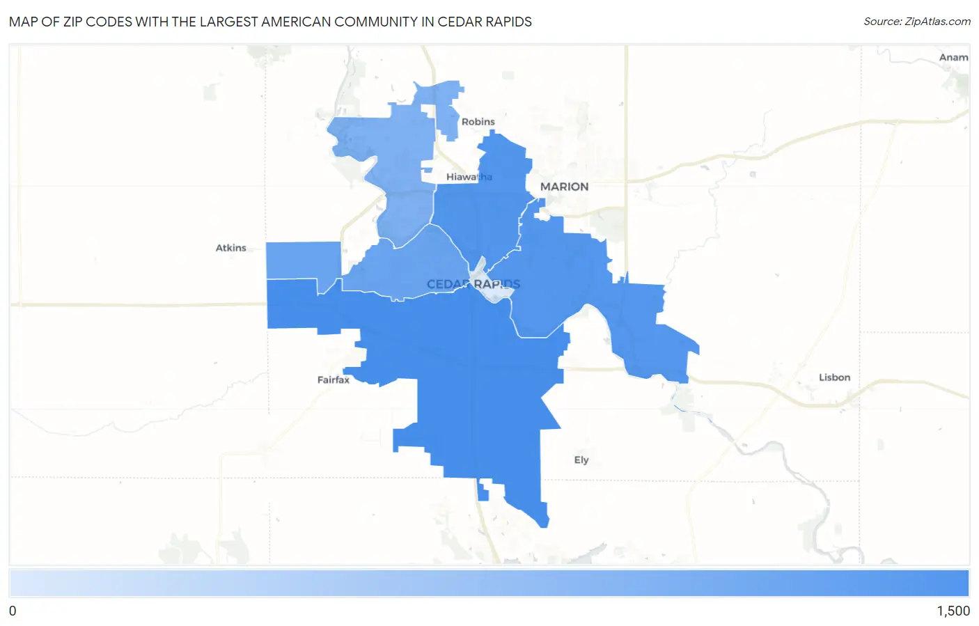 Zip Codes with the Largest American Community in Cedar Rapids Map