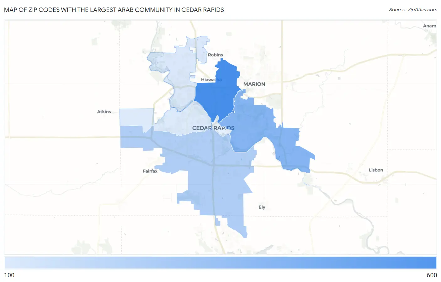 Zip Codes with the Largest Arab Community in Cedar Rapids Map