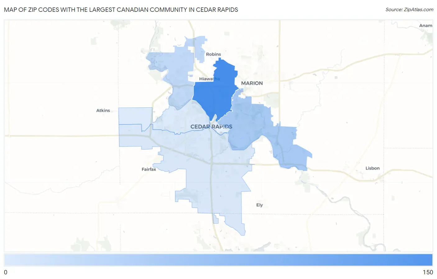 Zip Codes with the Largest Canadian Community in Cedar Rapids Map