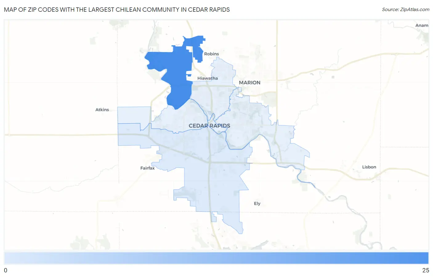 Zip Codes with the Largest Chilean Community in Cedar Rapids Map