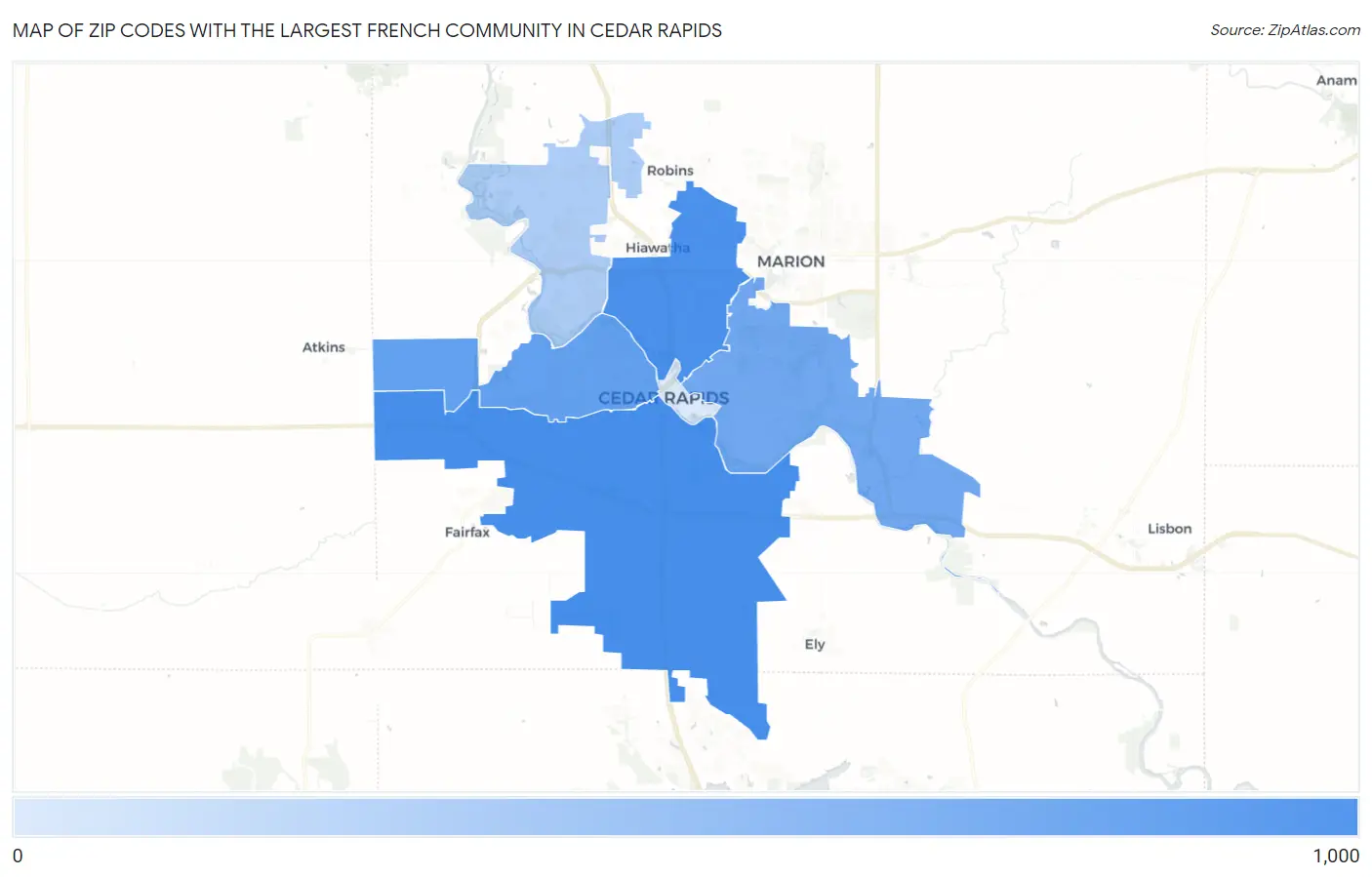Zip Codes with the Largest French Community in Cedar Rapids Map