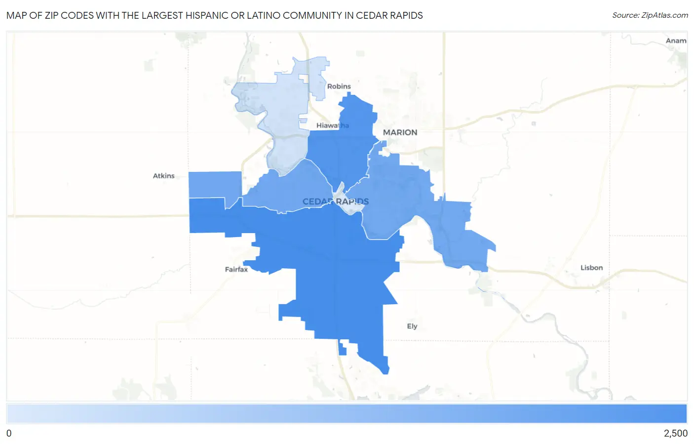 Zip Codes with the Largest Hispanic or Latino Community in Cedar Rapids Map