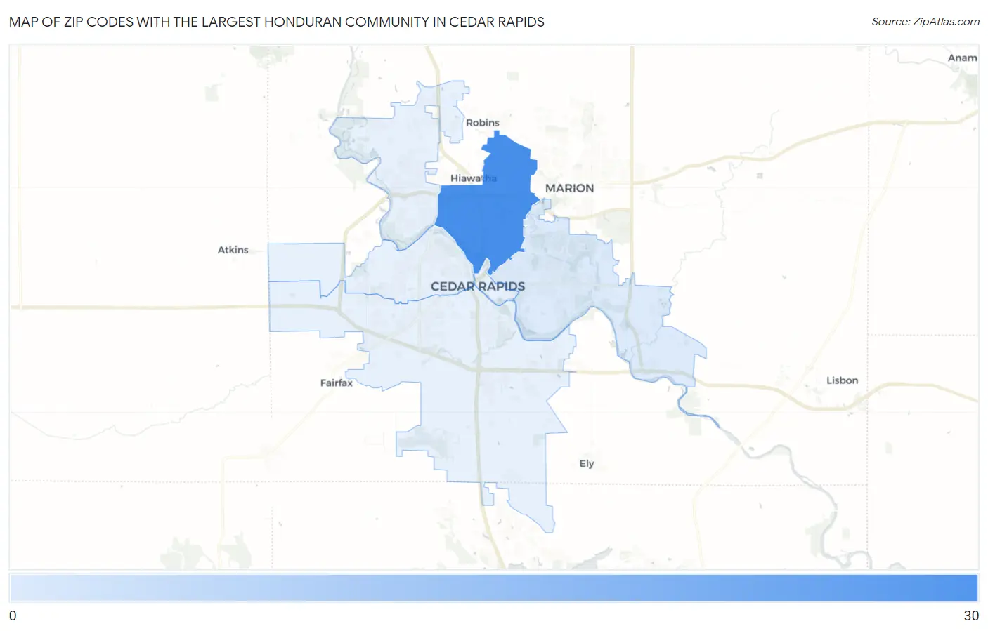 Zip Codes with the Largest Honduran Community in Cedar Rapids Map