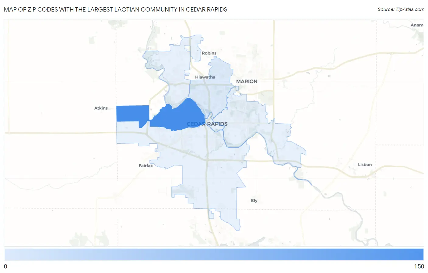 Zip Codes with the Largest Laotian Community in Cedar Rapids Map
