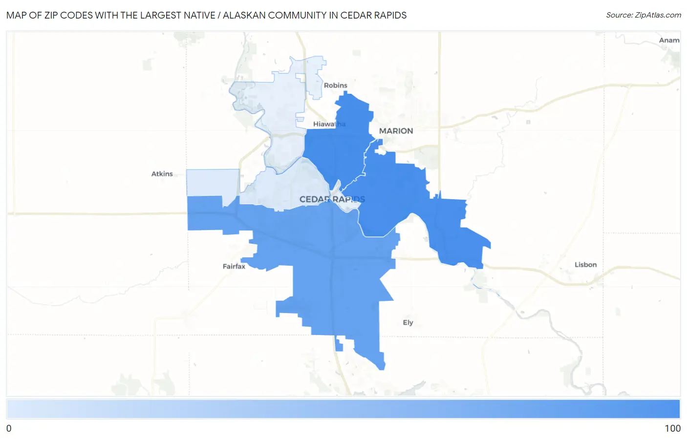 Zip Codes with the Largest Native / Alaskan Community in Cedar Rapids Map