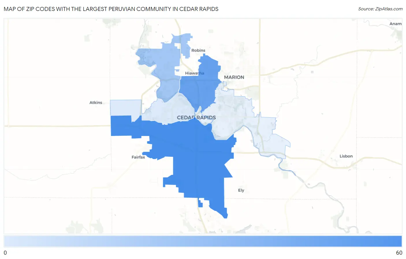Zip Codes with the Largest Peruvian Community in Cedar Rapids Map