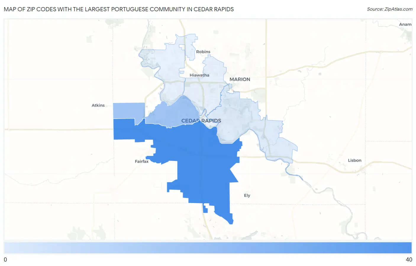 Zip Codes with the Largest Portuguese Community in Cedar Rapids Map