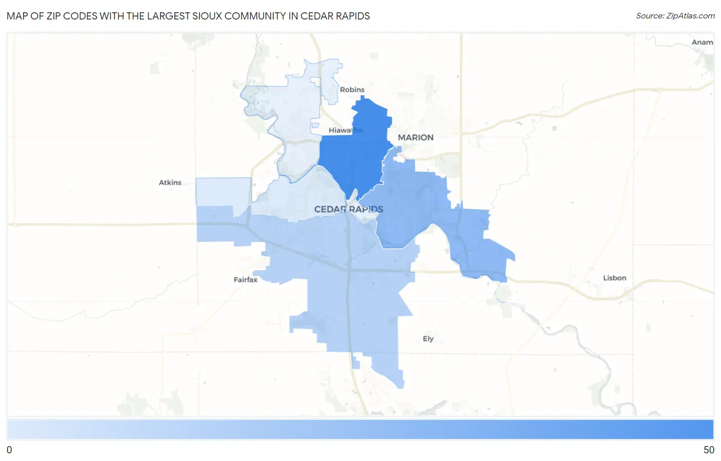 Zip Codes with the Largest Sioux Community in Cedar Rapids Map