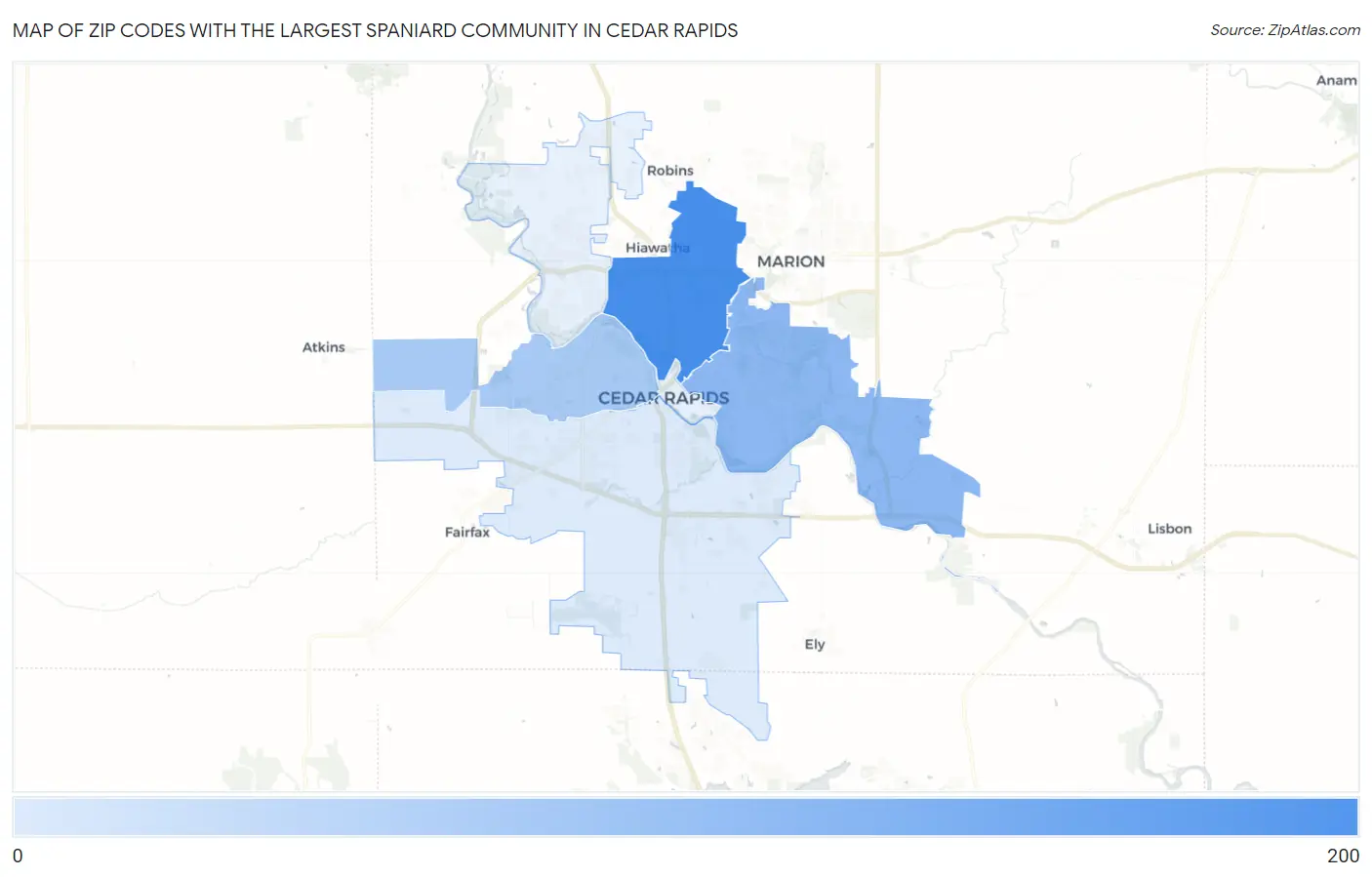 Zip Codes with the Largest Spaniard Community in Cedar Rapids Map