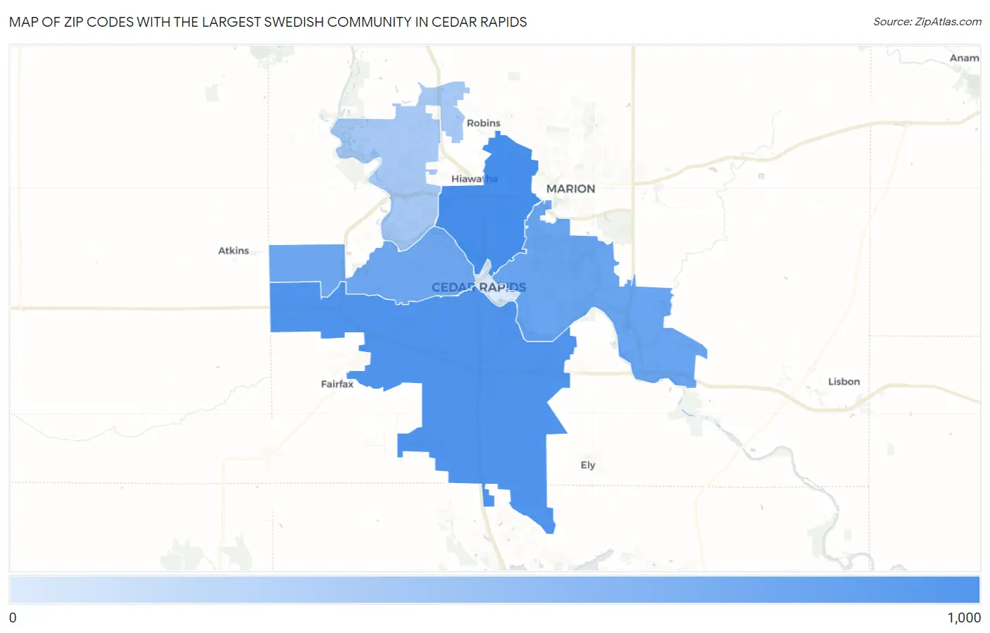 Zip Codes with the Largest Swedish Community in Cedar Rapids Map
